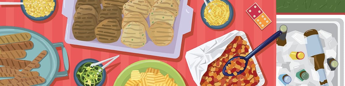野餐桌上各色食物的插图