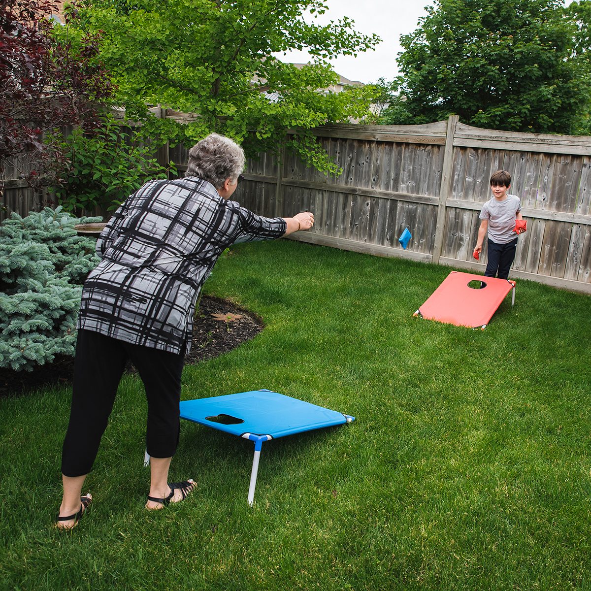 祖母和孙子在后院玩玉米洞游戏。