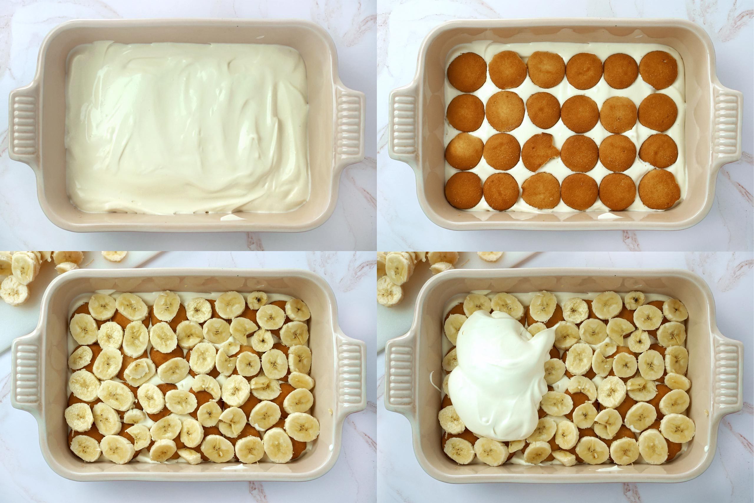 网格显示香蕉奶油布丁的不同层次,从上面一个白色大理石厨房柜台上